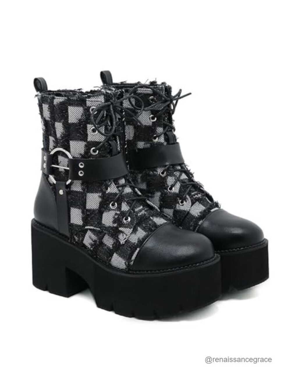 Women's Denim Leather Splice Chunky Heel Goth Ankle Boots Platform Lace Up